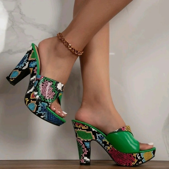 Snakeskin Embossed Platform Chunky Heeled Mule Sandals, Women's Fashionable High - Picture 1 of 5